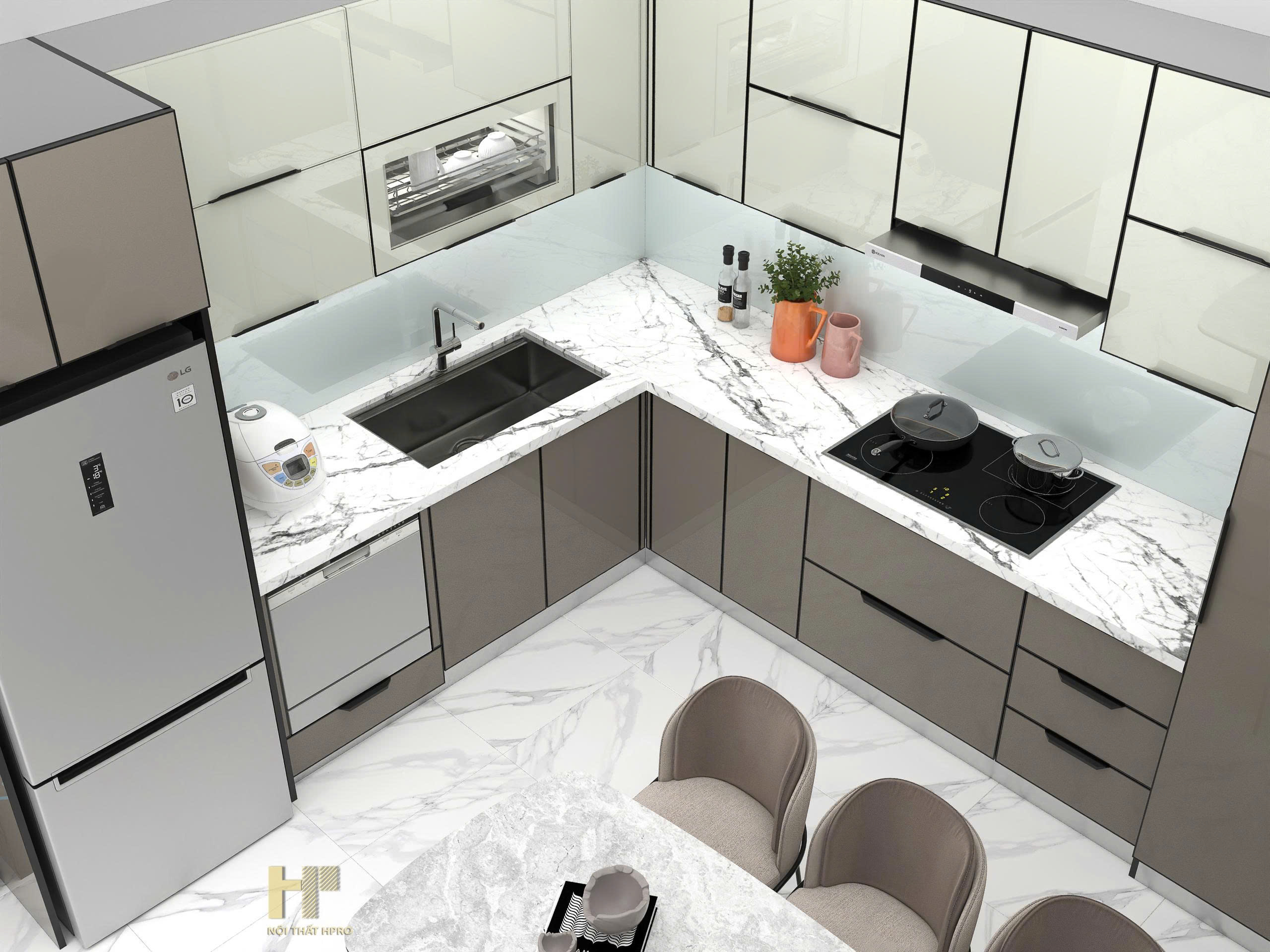 Tủ Bếp Cánh Kính , Thùng inox304 gập chấn Module TBCK04